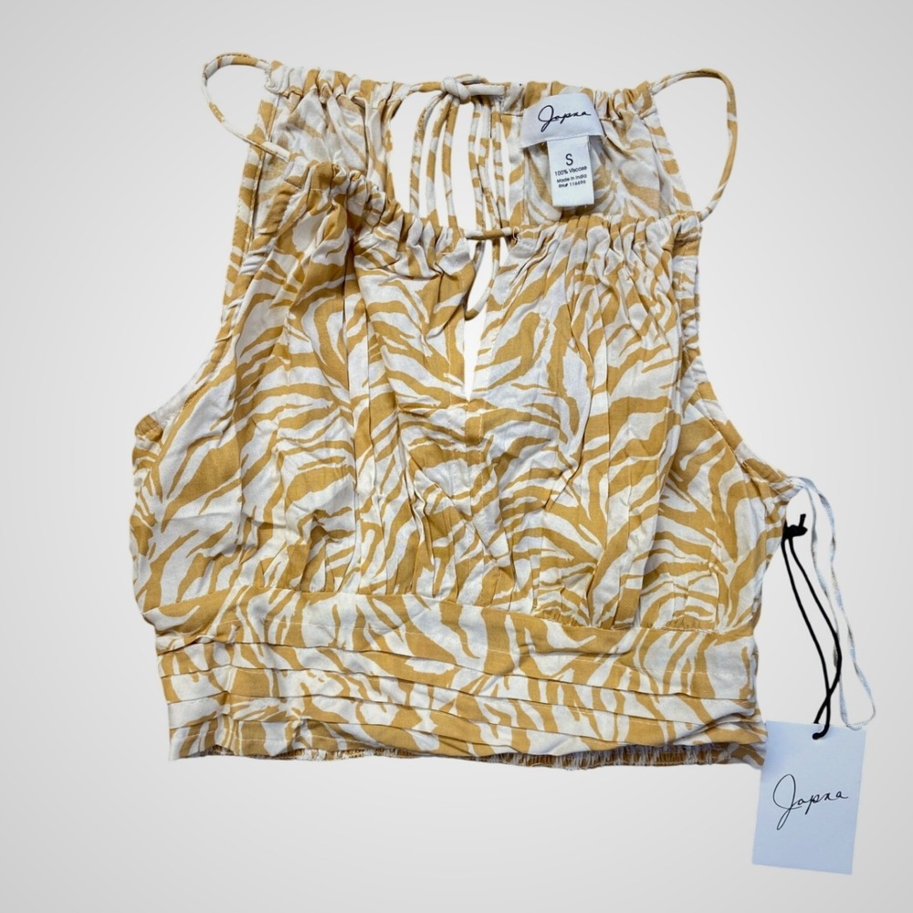 Japna Womens Zebra Print Halter Crop‎ Top Mustard Yellow Smocked Waist 10207 S
